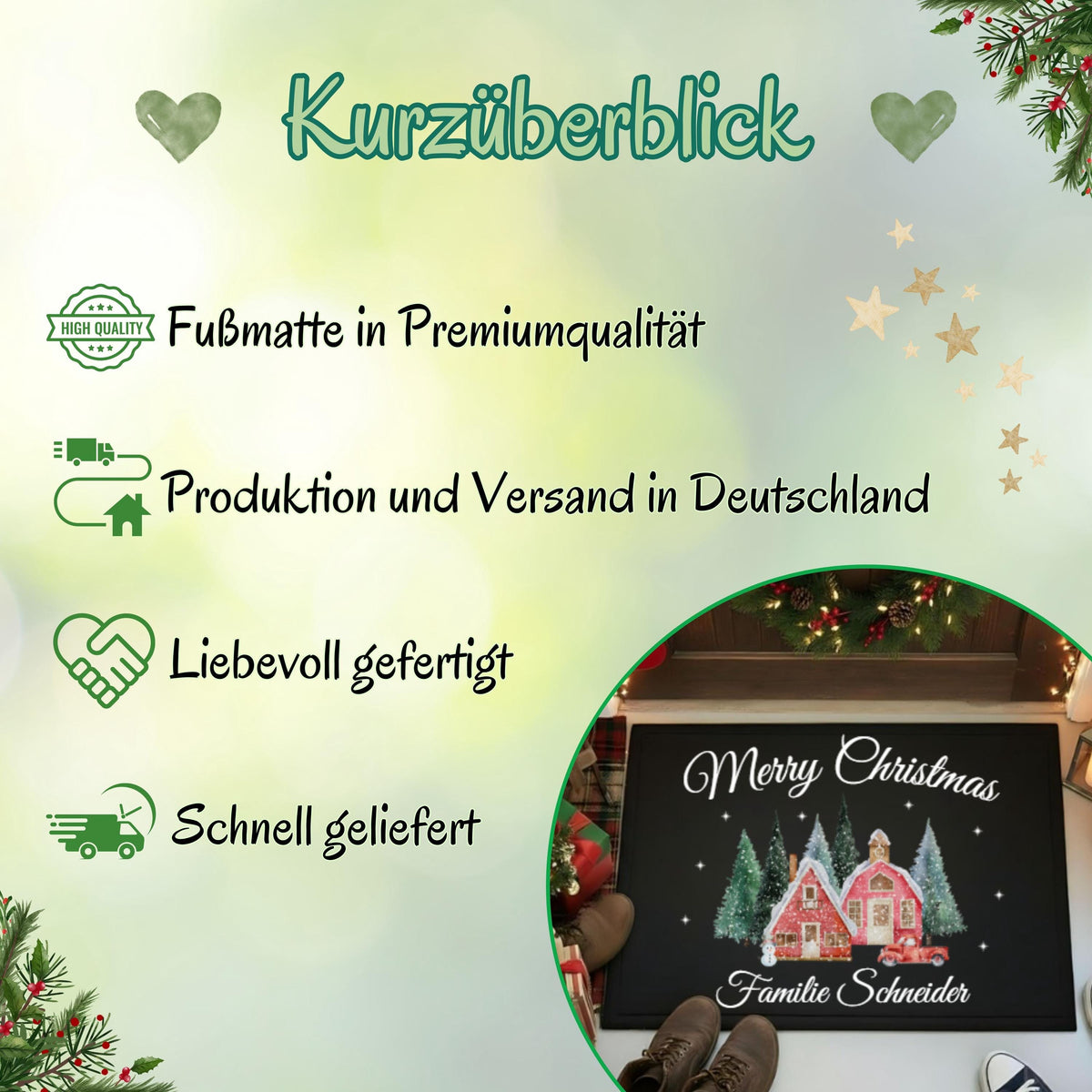 Infografik „Kurzüberblick“ zur personalisierten Weihnachtsfußmatte mit Winterhäusern und Familiennamen. Vier Punkte nennen Fußmatte in Premiumqualität, Produktion und Versand in Deutschland, liebevolle Fertigung und schnelle Lieferung. Grüne Symbole, Herzen, Sterne und Tannenzweige schmücken den hellgrünen Hintergrund. Rechts unten zeigt ein Foto die schwarze Türmatte „Merry Christmas – Familie Schneider“ mit roten Häusern und Tannen. Weihnachtsgeschenk und individuelle Dekoration für den Hauseingang.