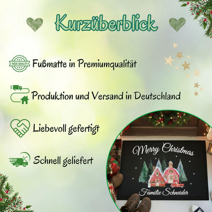 Infografik „Kurzüberblick“ zur personalisierten Weihnachtsfußmatte mit Winterhäusern und Familiennamen. Vier Punkte nennen Fußmatte in Premiumqualität, Produktion und Versand in Deutschland, liebevolle Fertigung und schnelle Lieferung. Grüne Symbole, Herzen, Sterne und Tannenzweige schmücken den hellgrünen Hintergrund. Rechts unten zeigt ein Foto die schwarze Türmatte „Merry Christmas – Familie Schneider“ mit roten Häusern und Tannen. Weihnachtsgeschenk und individuelle Dekoration für den Hauseingang.