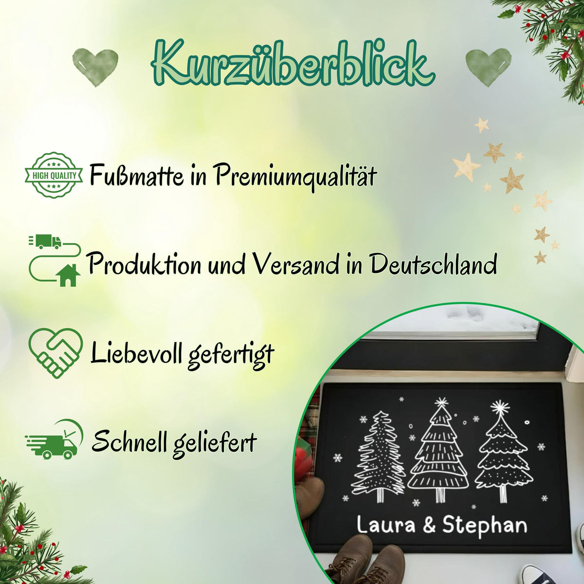 Personalisierte Fußmatte Weihnachten mit Wunschname – liebevoll gestaltete Weihnachtsfußmatte für Familie oder Paare. Diese festliche Türmatte bringt mit winterlichem Tannenbaum-Motiv und Wunschtext Weihnachtsstimmung vor die Haustür. Ideal als Weihnachtsmatte, individuelle Fußmatte mit Namen oder Geschenkidee zu Nikolaus und Advent. Rutschfest, pflegeleicht und in zwei Größen – perfekt für Innenbereich, Flur oder Wohnungstür. Personalisierte Weihnachtsfußmatte mit Namen | Türmatte Weihnachten