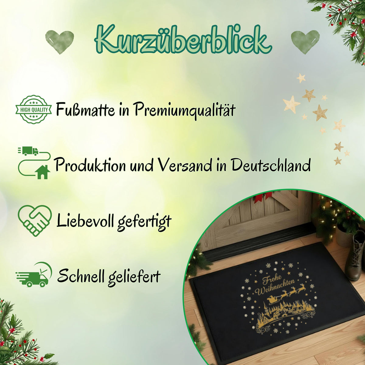 Dekorative Weihnachtsfußmatte mit Schriftzug „Frohe Weihnachten“ und klassischem Winterdorf-Motiv in Goldoptik – festliche Fußmatte Weihnachten für den Eingangsbereich. Die elegante Türmatte zeigt den Weihnachtsmann im Rentierschlitten über einem verschneiten Dorf, eingerahmt von Schneeflocken und Sternen. Ideal als Weihnachtsmatte, Fußmatte für Winterzeit, Geschenkidee für Nachbarn, Flur-Deko oder winterliches Willkommen an der Haustür – rutschfest, pflegeleicht und langlebig.
