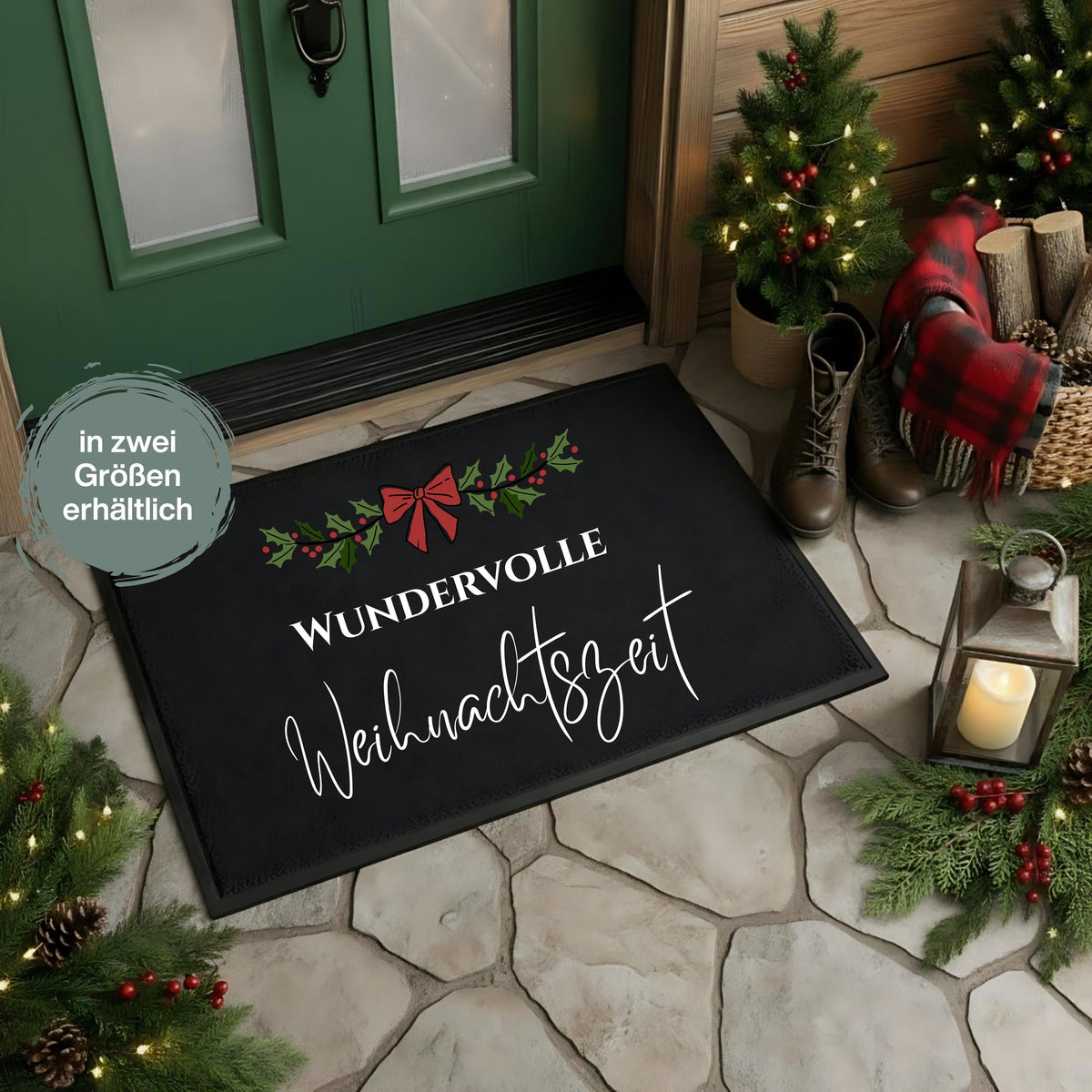 Schwarze Weihnachtsfußmatte „Wundervolle Weihnachtszeit“ vor einer grünen Haustür auf Steinplatten. Über dem weißen Schriftzug in Druck- und Handschrift liegt ein Beerenzweig mit roter Schleife. Kleine Weihnachtsbäume, Stiefel, Holzkorb mit Karodecke und Kerzenlaterne rahmen die Szene. Der Größenhinweis nennt zwei Varianten: 40 × 60 oder 50 × 70 cm. Die rechteckige Türmatte hat eine Oberfläche aus 100 % Polypropylen und einen Gummirand. Festliche Weihnachtsdeko für Innenräume und geschützte Außenbereiche.