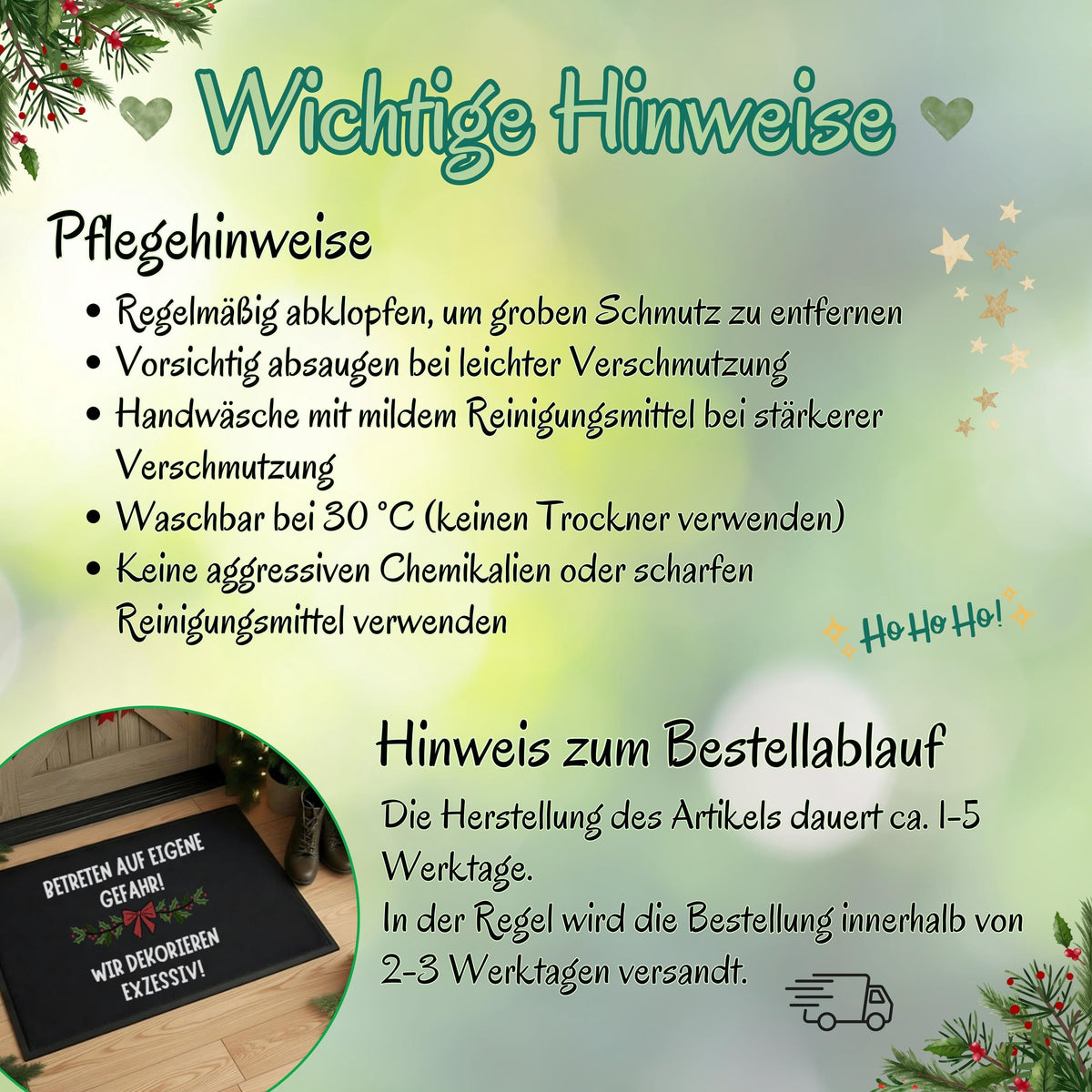 Schwarze Weihnachtsfußmatte mit lustigem Spruch „Betreten auf eigene Gefahr – wir dekorieren exzessiv!“. Ideal als Fußmatte Weihnachten, Türmatte im Eingangsbereich oder als humorvolles Deko-Highlight in der Adventszeit. Die Matte eignet sich perfekt als Geschenkidee für Deko-Fans, Nachbarn oder Kollegen. Wetterfest, rutschfest und pflegeleicht – die perfekte Weihnachts-Willkommensmatte für Wohnungen oder Häuser mit festlicher Stimmung. Ein Blickfang für alle Deko-Enthusiasten zur Winterzeit.