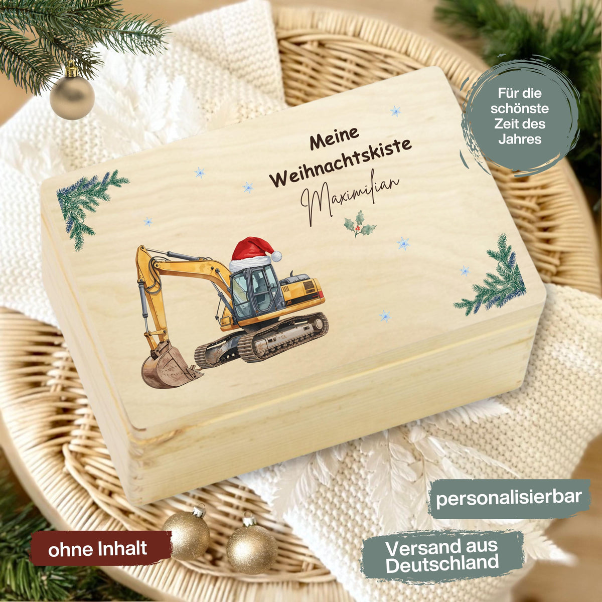 Weihnachtsbox Holz personalisiert – elegante Holzkiste Weihnachten mit Namen, perfekt als Geschenkverpackung, Adventskiste oder DIY-Adventskalender zum Befüllen. Diese hochwertige Geschenkbox ist nachhaltig produziert, robust und ideal für kleine Geschenke, Leckereien oder persönliche Überraschungen. Ob für Kinder, Eltern oder Freunde – eine stilvolle, wiederverwendbare Weihnachtskiste aus Holz, die Freude schenkt und Erinnerungen schafft. Einzigartiges Weihnachtsgeschenk mit persönlicher Note.