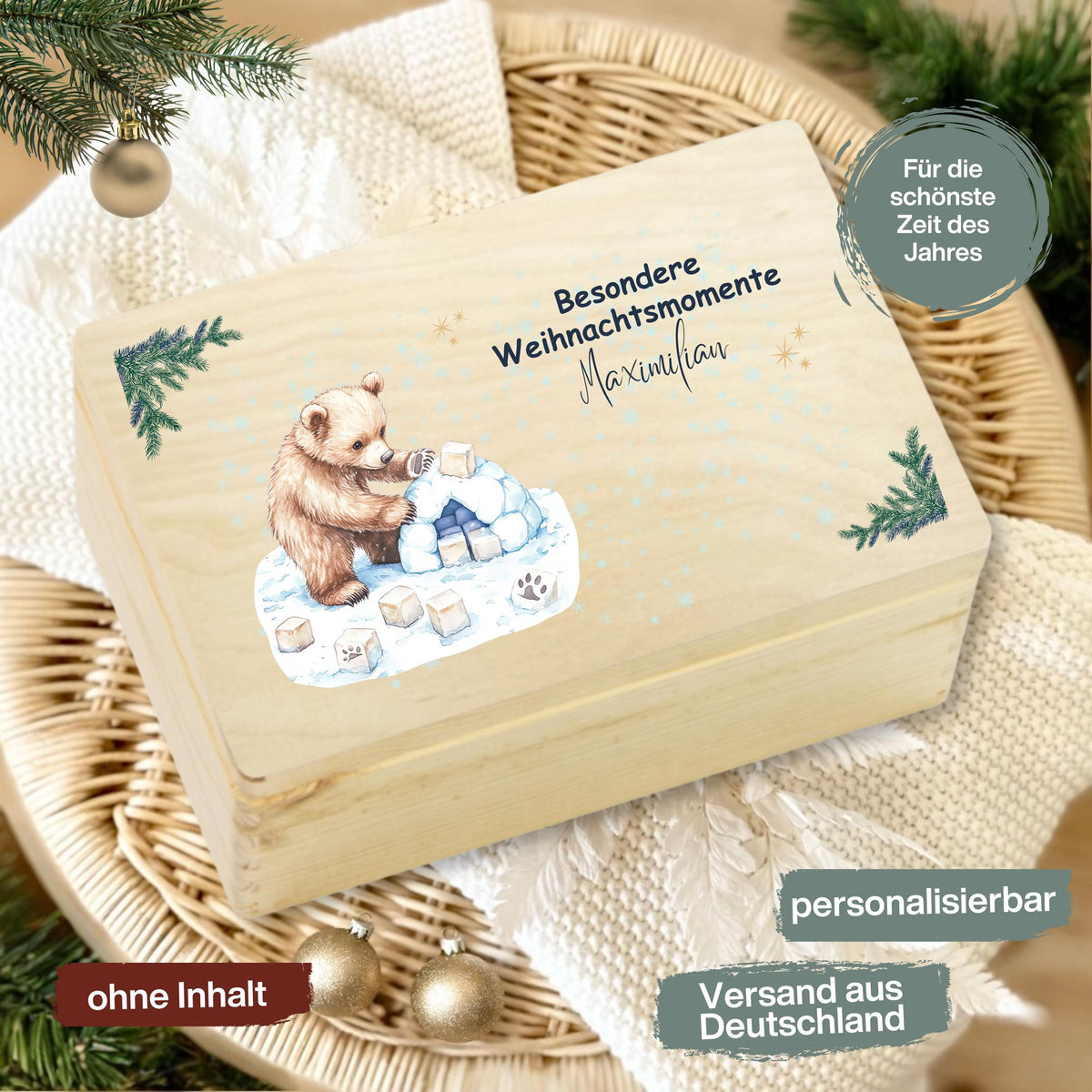 Geschenkbox Weihnachten Holz | Weihnachtskiste personalisiert | Holzbox mit Namen | Weihnachtsüberraschung Kiste zum Befüllen | Adventskiste