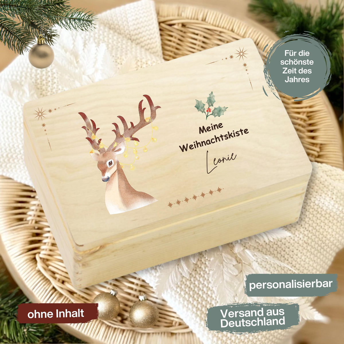 Holzkiste Weihnachten personalisiert – Geschenkbox mit Namen aus Holz für besondere Weihnachtsmomente. Diese Adventskiste eignet sich perfekt als Aufbewahrungsbox, Adventskalender zum Befüllen oder als Weihnachtsgeschenk für Familie, Kinder und Freunde. Nachhaltig, hochwertig und vielseitig – ideal als Geschenkverpackung, Erinnerungsbox oder DIY-Weihnachtsüberraschung. Ein Must-have für alle, die personalisierte Weihnachtsgeschenke lieben.