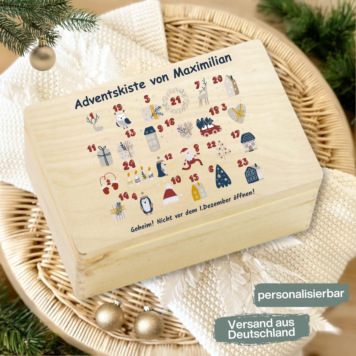 Personalisierte Adventskiste aus Holz mit Namen – hochwertige Holzkiste Weihnachten zum Befüllen mit 24 kleinen Geschenken, Süßigkeiten oder Botschaften. Diese Adventskalender-Holzbox ist ohne Inhalt und perfekt als DIY Adventskalender, Geschenkverpackung oder Weihnachtskiste. Ideal als nachhaltige Geschenkidee Weihnachten für Familie, Kinder oder Freunde. Liebevoll gestaltet, wiederverwendbar und dekorativ – ein besonderes Highlight für die Adventszeit.