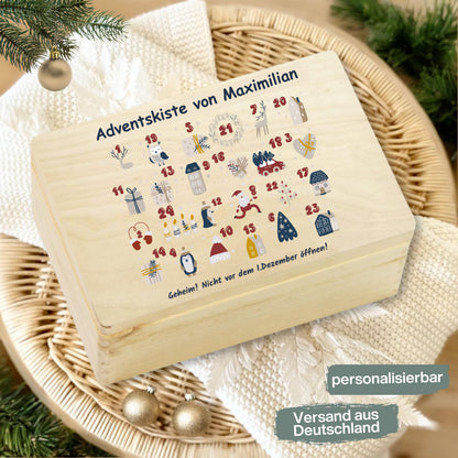 Personalisierte Adventskiste aus Holz mit Namen – hochwertige Holzkiste Weihnachten zum Befüllen mit 24 kleinen Geschenken, Süßigkeiten oder Botschaften. Diese Adventskalender-Holzbox ist ohne Inhalt und perfekt als DIY Adventskalender, Geschenkverpackung oder Weihnachtskiste. Ideal als nachhaltige Geschenkidee Weihnachten für Familie, Kinder oder Freunde. Liebevoll gestaltet, wiederverwendbar und dekorativ – ein besonderes Highlight für die Adventszeit.