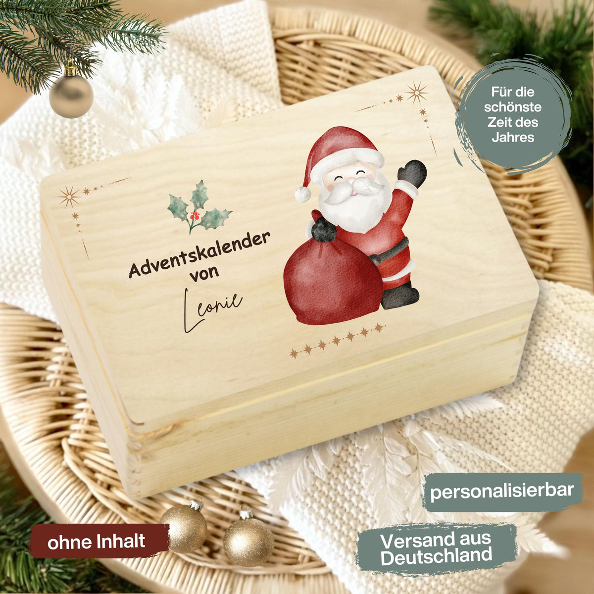 Wiederverwendbare Adventskiste Holz personalisiert mit Namen – nachhaltige Adventskalender-Kiste Weihnachten ohne Inhalt. Ideal für Familien, die eigene Rituale schaffen möchten. Diese Holzkiste kann jedes Jahr neu befüllt werden – mit Süßigkeiten, Briefen oder kleinen Überraschungen. DIY-Adventskalender Holz personalisiert, stabil und hochwertig verarbeitet. Eine stilvolle Adventskiste Holz, die Tradition, Nachhaltigkeit und Individualität vereint Adventskiste Adventskalender zum Selbstbefüllen