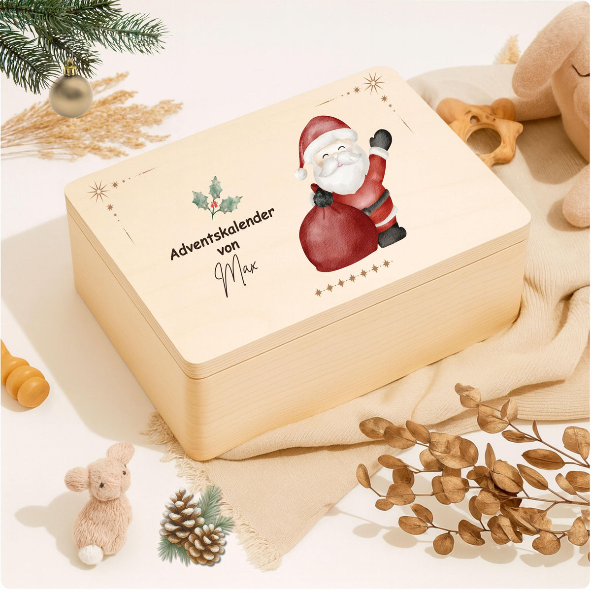 Wiederverwendbare Adventskiste Holz personalisiert mit Namen – nachhaltige Adventskalender-Kiste Weihnachten ohne Inhalt. Ideal für Familien, die eigene Rituale schaffen möchten. Diese Holzkiste kann jedes Jahr neu befüllt werden – mit Süßigkeiten, Briefen oder kleinen Überraschungen. DIY-Adventskalender Holz personalisiert, stabil und hochwertig verarbeitet. Eine stilvolle Adventskiste Holz, die Tradition, Nachhaltigkeit und Individualität vereint Adventskiste Adventskalender zum Selbstbefüllen