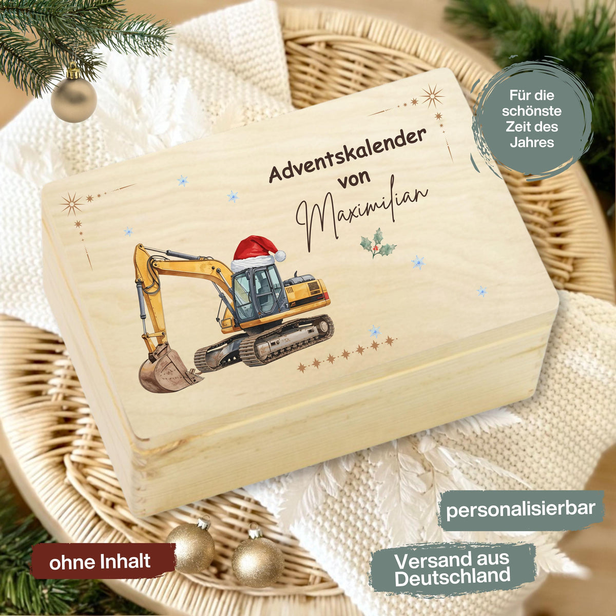 Personalisierte Adventskiste Holz mit Namen – edler Adventskalender ohne Inhalt zum Selbstbefüllen. Diese hochwertige Holzkiste Weihnachten ist robust, wiederverwendbar und dekorativ. Perfekt als DIY-Adventskalender Holz für Kinder, Eltern oder Partner. Mit Platz für 24 Geschenke und nachhaltiger Fertigung ist sie eine zeitlose Alternative zu klassischen Adventskalendern. Adventskiste Holz personalisiert – einzigartig, langlebig und liebevoll gestaltet. Geschenkbox Holz Weihnachten Advent