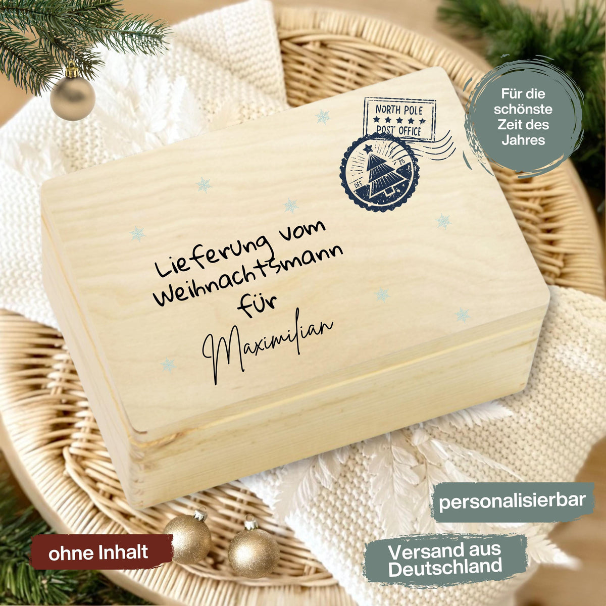 Personalisierte Lieferung-vom-Weihnachtsmann-Holzkiste aus hochwertigem Holz, ideal als Geschenkbox Weihnachten oder Adventskiste mit Namen. Perfekt zum Befüllen für Kinder, Eltern oder Freunde. Diese Weihnachtskiste mit Gravur „Lieferung vom Weihnachtsmann“ ist eine besondere Idee, um Geschenke stilvoll zu verpacken. Nachhaltige Holzkiste Weihnachten mit nostalgischem Design – ideal für Weihnachtsüberraschungen, Geschenke unter dem Baum oder als Dekoration in der Adventszeit.