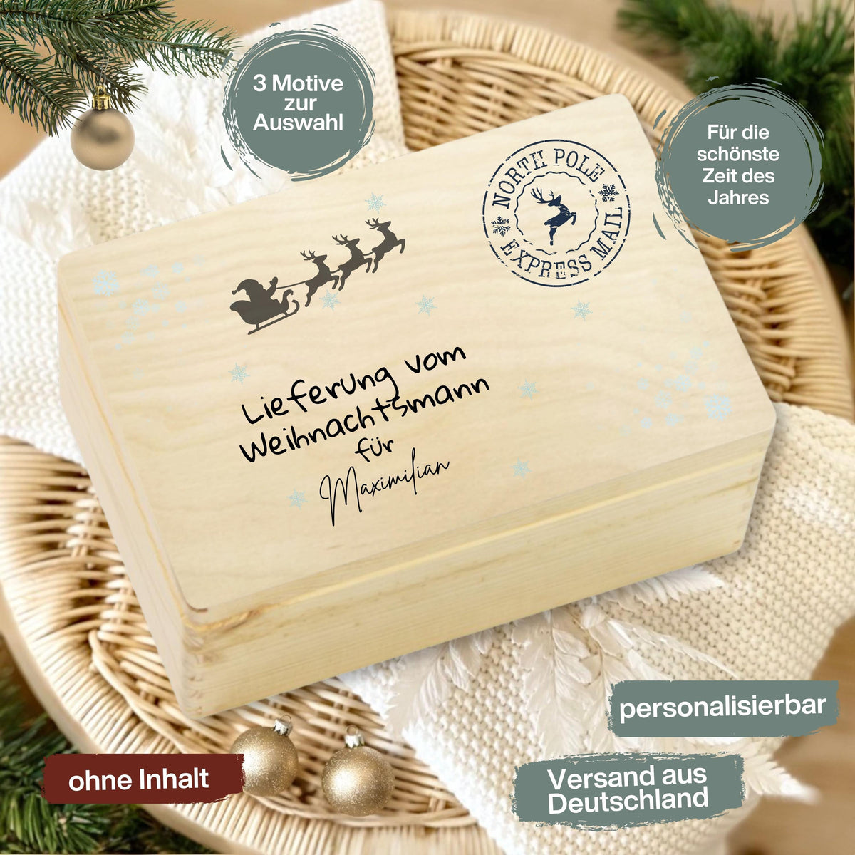 Personalisierte Lieferung-vom-Weihnachtsmann-Holzkiste aus hochwertigem Holz, ideal als Geschenkbox Weihnachten oder Adventskiste mit Namen. Perfekt zum Befüllen für Kinder, Eltern oder Freunde. Diese Weihnachtskiste mit Gravur „Lieferung vom Weihnachtsmann“ ist eine besondere Idee, um Geschenke stilvoll zu verpacken. Nachhaltige Holzkiste Weihnachten mit nostalgischem Design – ideal für Weihnachtsüberraschungen, Geschenke unter dem Baum oder als Dekoration in der Adventszeit.