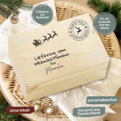 Personalisierte Lieferung-vom-Weihnachtsmann-Holzkiste aus hochwertigem Holz, ideal als Geschenkbox Weihnachten oder Adventskiste mit Namen. Perfekt zum Befüllen für Kinder, Eltern oder Freunde. Diese Weihnachtskiste mit Gravur „Lieferung vom Weihnachtsmann“ ist eine besondere Idee, um Geschenke stilvoll zu verpacken. Nachhaltige Holzkiste Weihnachten mit nostalgischem Design – ideal für Weihnachtsüberraschungen, Geschenke unter dem Baum oder als Dekoration in der Adventszeit.