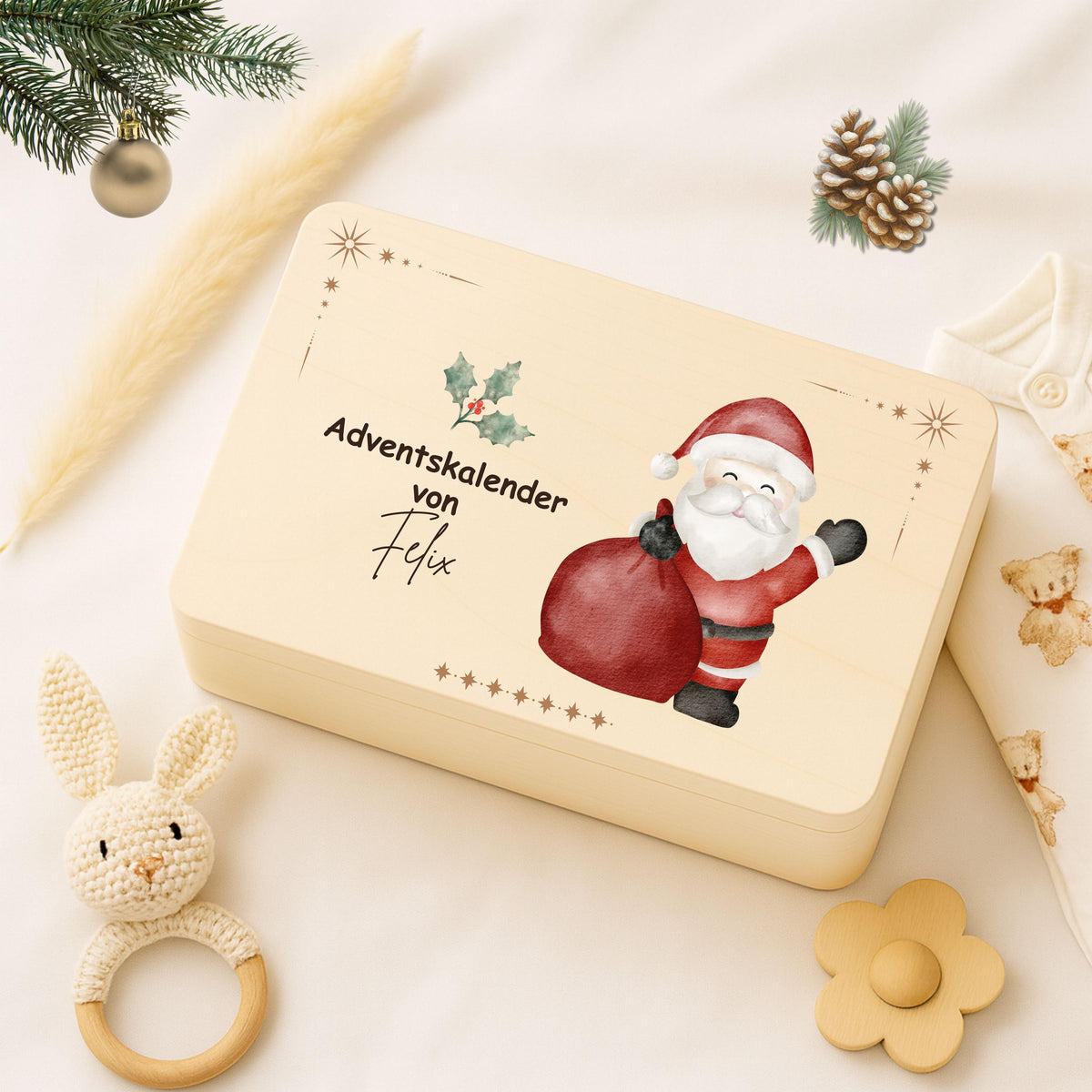 Wiederverwendbare Adventskiste Holz personalisiert mit Namen – nachhaltige Adventskalender-Kiste Weihnachten ohne Inhalt. Ideal für Familien, die eigene Rituale schaffen möchten. Diese Holzkiste kann jedes Jahr neu befüllt werden – mit Süßigkeiten, Briefen oder kleinen Überraschungen. DIY-Adventskalender Holz personalisiert, stabil und hochwertig verarbeitet. Eine stilvolle Adventskiste Holz, die Tradition, Nachhaltigkeit und Individualität vereint Adventskiste Adventskalender zum Selbstbefüllen