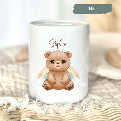 Spardose Tiere personalisiert mit Namen | Kinderspardose Löwe Giraffe Bär | Geschenk Geburt Taufe Geburtstag