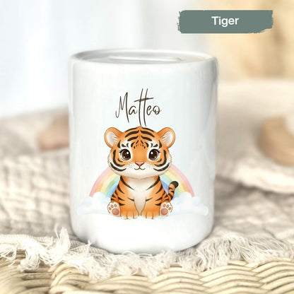 Spardose Tiere personalisiert mit Namen | Kinderspardose Löwe Giraffe Bär | Geschenk Geburt Taufe Geburtstag