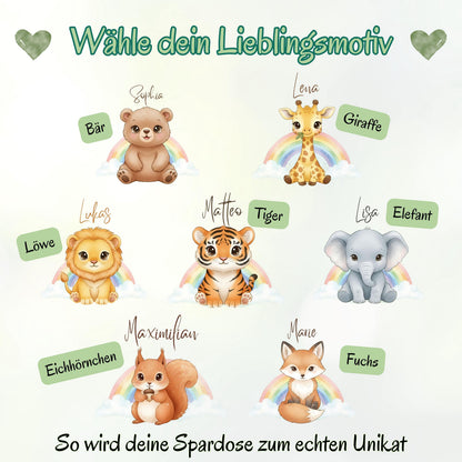 Spardose Tiere personalisiert mit Namen | Kinderspardose Löwe Giraffe Bär | Geschenk Geburt Taufe Geburtstag