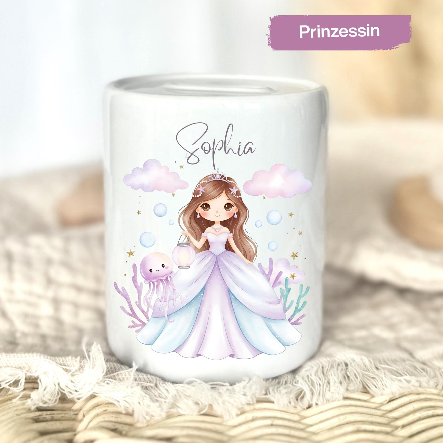 Spardose Mädchen personalisiert mit Namen | Kinderspardose Einhorn Prinzessin | Geschenk Geburt Taufe Geburtstag