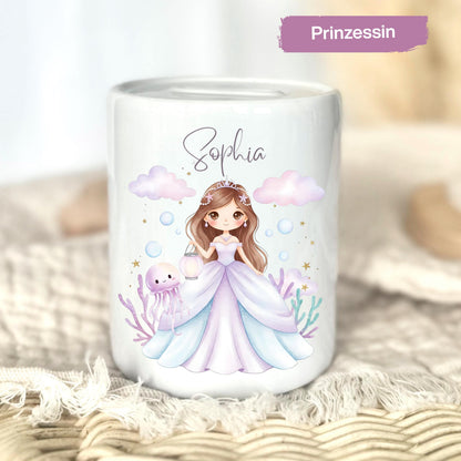 Spardose Mädchen personalisiert mit Namen | Kinderspardose Einhorn Prinzessin | Geschenk Geburt Taufe Geburtstag