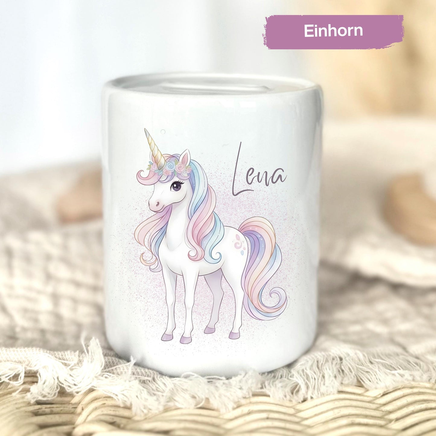 Spardose Mädchen personalisiert mit Namen | Kinderspardose Einhorn Prinzessin | Geschenk Geburt Taufe Geburtstag