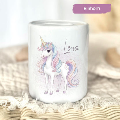 Spardose Mädchen personalisiert mit Namen | Kinderspardose Einhorn Prinzessin | Geschenk Geburt Taufe Geburtstag