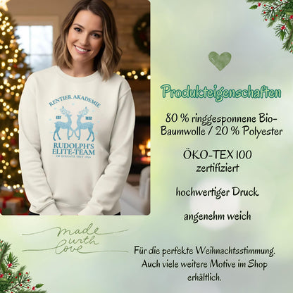 Weihnachtspullover „Rentier Akademie – Rudolph’s Elite-Team“ für Damen & Herren mit humorvollem Rentier-Motiv und Schneeflocken. Perfekter Winterpullover als Geschenkidee für Frauen und Männer, ideal für Nikolaus, Weihnachtsmarkt, Advent & Weihnachtsfeier. Witziges Weihnachtsoutfit mit Rentieren, festlich & gemütlich – ein weihnachtliches Statement-Stück für Familie, Partnerlook, Wichtelrunden oder den festlichen Abend. Für Fans von Rudolph, Rentiere & Christmas Spirit!