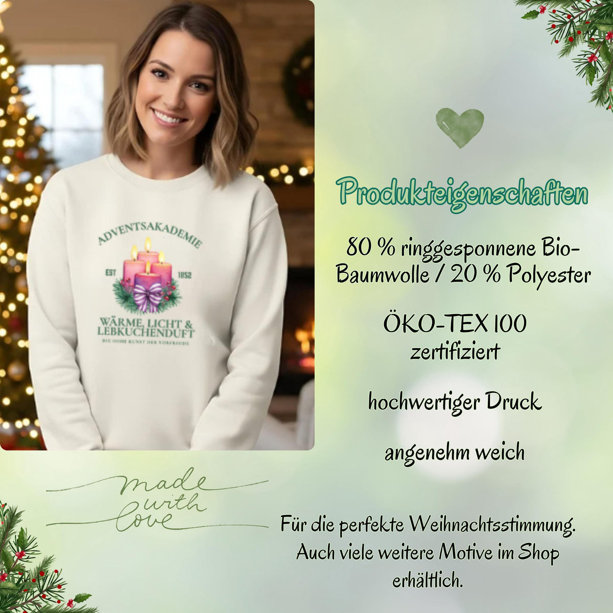 Weihnachtspullover Adventsakademie für Damen und Herren mit vier brennenden Kerzen, Tannenzweigen, Beeren und Schleife – gemütliches Winterpullover-Motiv in festlichem Design. Perfekt als Geschenkidee zu Weihnachten, für Nikolaus, Advent und als Wichtelgeschenk. Unisex Weihnachtskleidung mit emotionaler Botschaft: Wärme, Licht und Lebkuchenduft. Ideal für Weihnachtsmarkt, Familienfeier, Adventssonntag oder Fotoshooting. Süßer Weihnachtspullover für Frauen, Männer & Weihnachtsliebhaber.