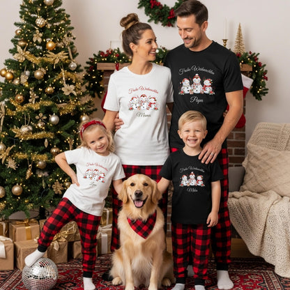 Personalisierbarer Weihnachtspullover Familie mit süßen Schneemännern – perfektes Weihnachtsoutfit als Partnerlook Weihnachten für Eltern, Kinder & Baby. Drei Schneemänner mit Weihnachtsmützen, Geschenken und Wintergrün bringen festliche Stimmung auf T-Shirt, Pullover oder Body. Ideal als Geschwister-Outfit, Familienpulli oder Geschenk zu Weihnachten. Kuscheliger Winterpullover, nachhaltig bedruckt – für Familienfotos, Feiern und gemütliche Wintertage.  Familienoutfit personalisiert Winterpulli