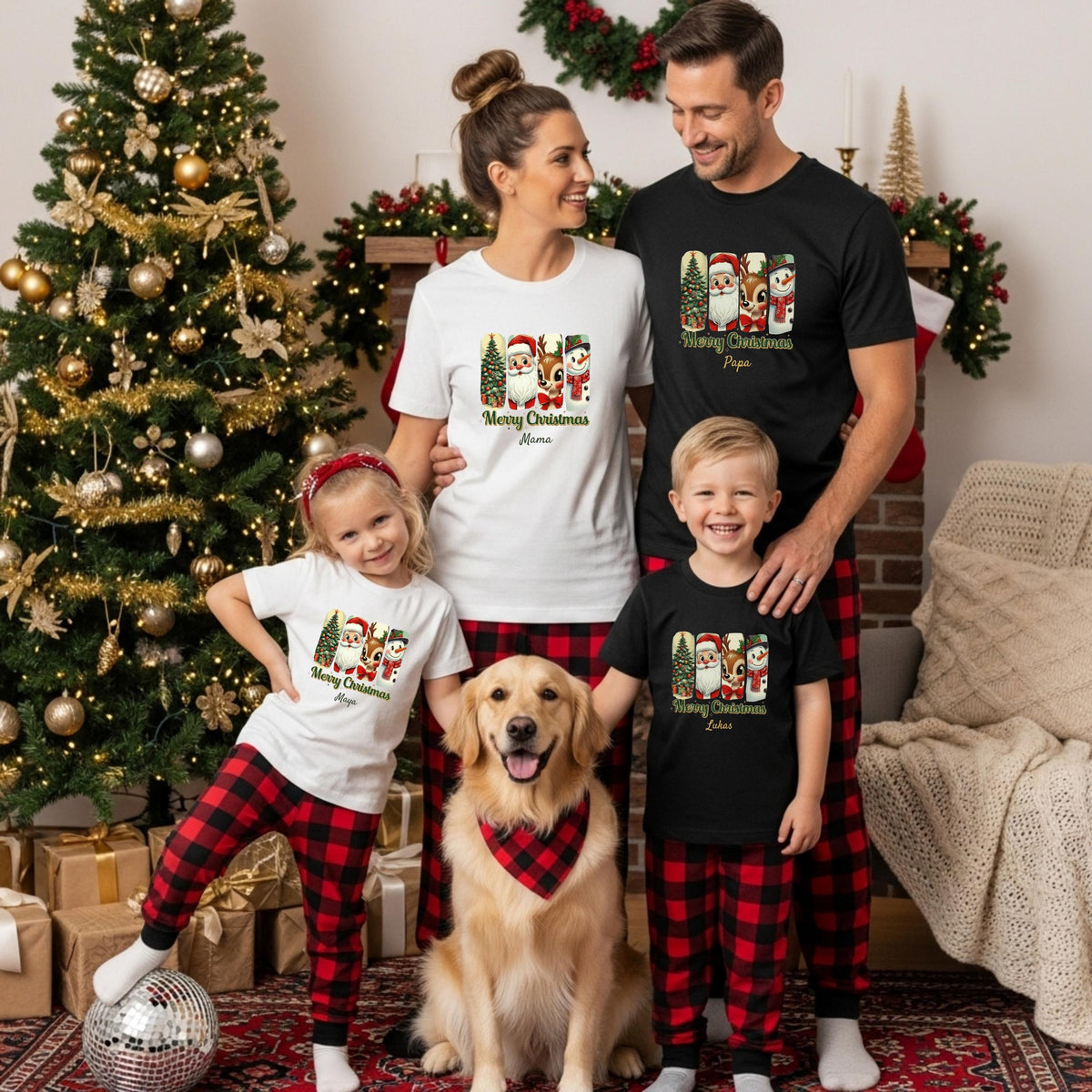 Retro Weihnachtspullover Familie mit Vintage-Charme: Das Motiv zeigt Weihnachtsbaum, Weihnachtsmann, Rentier & Schneemann in nostalgischem Stil – perfekt als personalisierbares Familienoutfit für Eltern, Kinder & Babys. Ideal für Partnerlook Weihnachten, Geschwister Outfit oder Fotoshooting. Weihnachtsoutfit mit festlichem Flair für Mama, Papa & Kids. Als Sweatshirt T-Shirt oder Body. Ein humorvoller und liebevoller Weihnachtspullover mit Retro-Motiv – für winterliche Familienmomente voller Herz