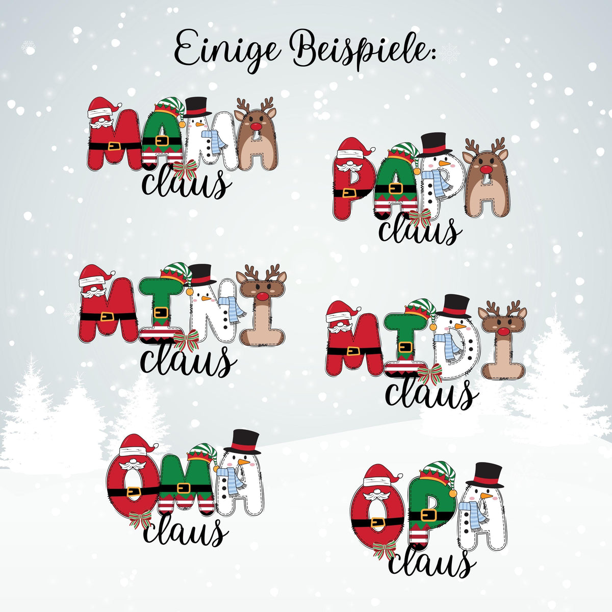 Weihnachtspullover mit bunten Buchstaben für die ganze Familie – personalisierbar mit „Papa Claus“, „Mama Claus“, „Mini Claus“ u.a. Ideal als Familienoutfit zu Weihnachten, Geschwister-Outfit oder Matching-Look für Heiligabend. Perfekt für Weihnachtsfotos, festliche Anlässe oder als Geschenkidee. Liebevoll gestaltetes Design mit Rentier, Schneemann, Weihnachtsmann und Details auf – für Eltern Kinder und Babys. Partnerlook Weihnachten, Familienlook Weihnachten personalisierbares Weihnachtsoutfit.