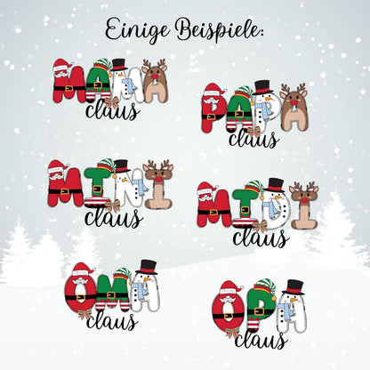 Weihnachtspullover mit bunten Buchstaben für die ganze Familie – personalisierbar mit „Papa Claus“, „Mama Claus“, „Mini Claus“ u.a. Ideal als Familienoutfit zu Weihnachten, Geschwister-Outfit oder Matching-Look für Heiligabend. Perfekt für Weihnachtsfotos, festliche Anlässe oder als Geschenkidee. Liebevoll gestaltetes Design mit Rentier, Schneemann, Weihnachtsmann und Details auf – für Eltern Kinder und Babys. Partnerlook Weihnachten, Familienlook Weihnachten personalisierbares Weihnachtsoutfit.