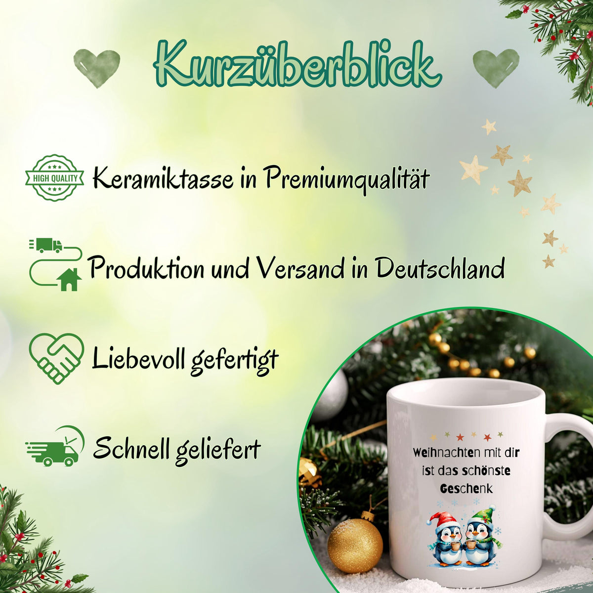 Weihnachtstasse mit Spruch „Weihnachten mit dir ist das schönste Geschenk“ als originelle Geschenkidee für Freundin, Partnerin, Kollegin oder Ehefrau. Die Kaffeetasse zeigt zwei niedliche Pinguine mit Weihnachtsmütze, die Kakao halten – perfekt für Winter, Advent und Weihnachtszeit. Lustige Tasse Weihnachten für Paare, Familien, Büro oder Zuhause. Hochwertiger Keramikbecher, ideal als kleines Geschenk, Wichtelgeschenk oder Weihnachtsgeschenk für Frauen, Pinguin-Fans, Kollegen, Kaffeeliebhaber.