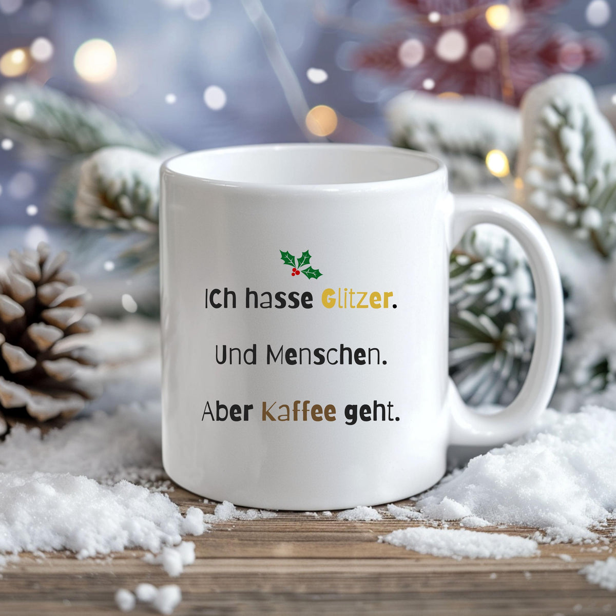 Lustige Anti-Weihnachten Tasse aus Keramik mit schwarzem Schriftzug „Ich hasse Glitzer. Und Menschen. Aber Kaffee geht.“ – originelles Weihnachtsgeschenk für Kaffee-Liebhaber, Weihnachtsmuffel und Kolleginnen mit trockenem Humor. Perfekt als witzige Nikolausidee, Geschenk für die Kollegin, Glühweintasse, witziges Wichtelgeschenk oder kleine Geschenkidee zu Weihnachten. Für alle, die Weihnachten nicht feiern, aber Kaffee lieben – ideal als Becher für Büro, Homeoffice oder Adventskalender.