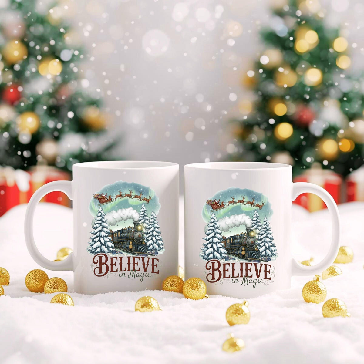 Weihnachtstasse mit nostalgischem Zug, Weihnachtsmann im Schlitten und verschneiten Tannenbäumen, Keramiktasse mit liebevollem Weihnachtsmotiv, Geschenkidee Weihnachten für Frauen, Männer, Freunde und Familie, hochwertiger Winterbecher Believe in Magic, ideal als kleines Weihnachtsgeschenk, Nikolaustasse oder festlicher Kaffee- & Teebecher, spülmaschinenfest, mikrowellengeeignet und mit langlebigem Druck für die Weihnachtszeit. Weihnachtstasse mit Zug, Weihnachtsgeschenk Tasse Keramikbecher