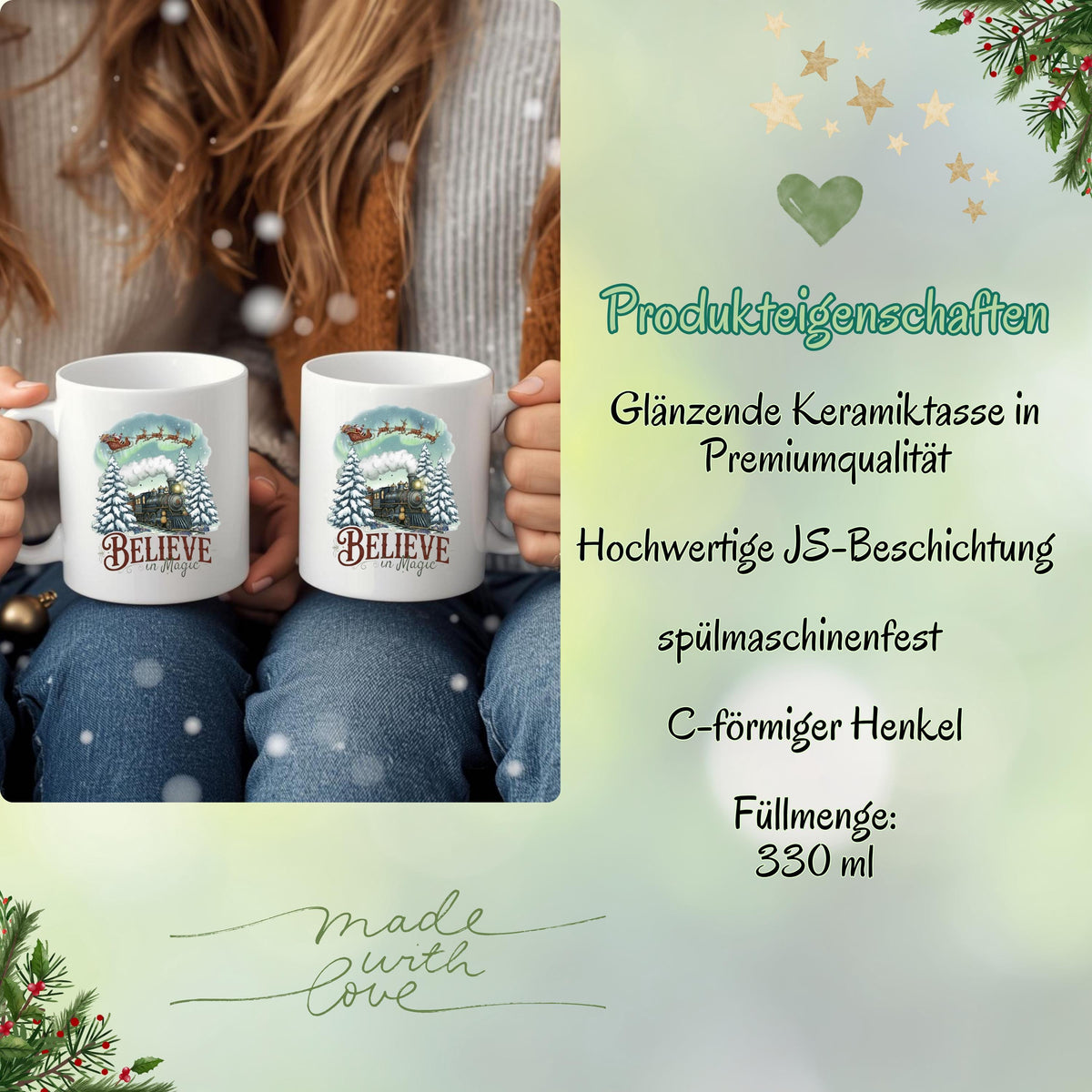 Weihnachtstasse mit nostalgischem Zug, Weihnachtsmann im Schlitten und verschneiten Tannenbäumen, Keramiktasse mit liebevollem Weihnachtsmotiv, Geschenkidee Weihnachten für Frauen, Männer, Freunde und Familie, hochwertiger Winterbecher Believe in Magic, ideal als kleines Weihnachtsgeschenk, Nikolaustasse oder festlicher Kaffee- & Teebecher, spülmaschinenfest, mikrowellengeeignet und mit langlebigem Druck für die Weihnachtszeit. Weihnachtstasse mit Zug, Weihnachtsgeschenk Tasse Keramikbecher