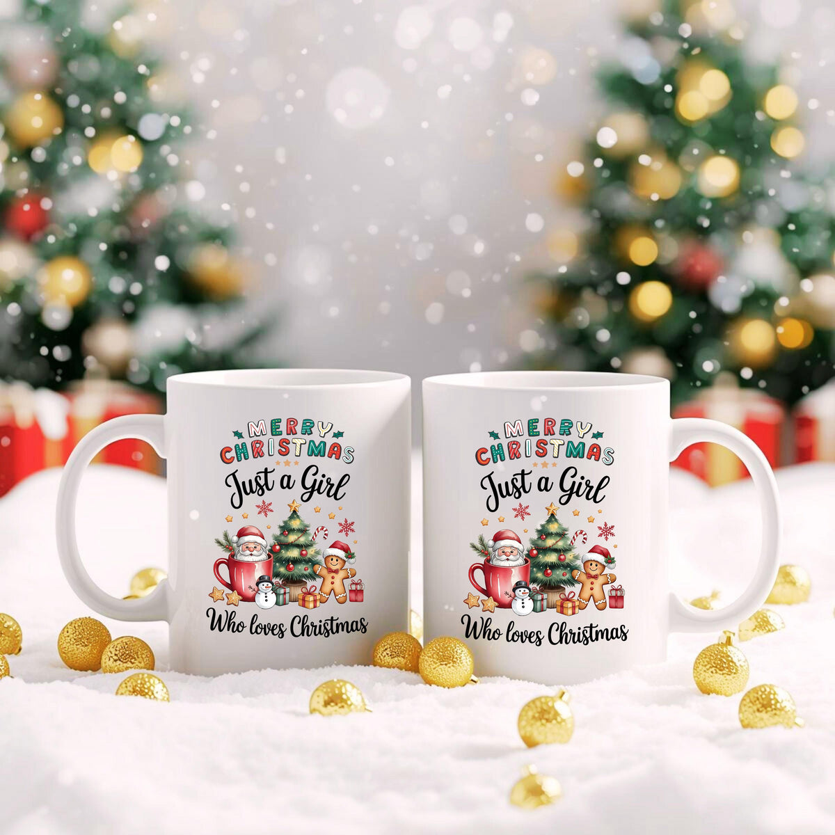 Weihnachtstasse mit Spruch „Just a Girl Who Loves Christmas“ als ideales Geschenk für Frauen, die Weihnachten lieben. Die Keramiktasse zeigt ein buntes Motiv mit Santa Claus, Tannenbaum, Geschenken, Zuckerstange und Lebkuchenmann. Perfekt als Wichtelgeschenk, Weihnachtsgeschenk für Freundin, Schwester oder Kollegin. Tasse Weihnachten Frau, Geschenkidee Weihnachten Frau, weihnachtliche Kaffeetasse für Weihnachtsfans. Spülmaschinenfest & mikrowellengeeignet – ideal für alle Christmas Girls.