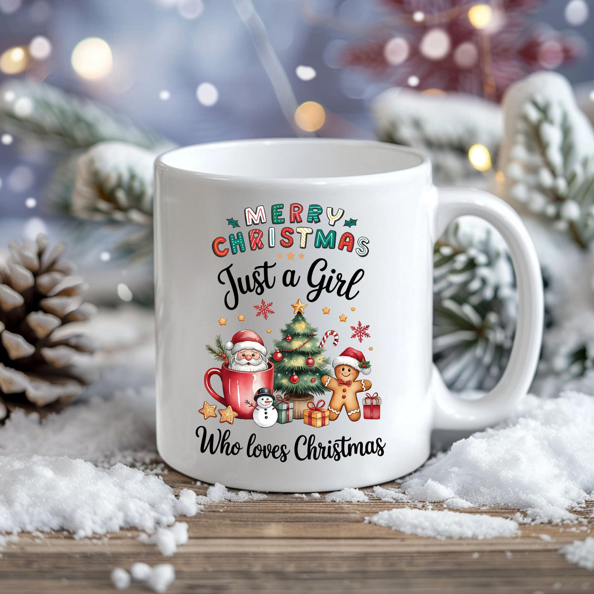 Weihnachtstasse mit Spruch „Just a Girl Who Loves Christmas“ als ideales Geschenk für Frauen, die Weihnachten lieben. Die Keramiktasse zeigt ein buntes Motiv mit Santa Claus, Tannenbaum, Geschenken, Zuckerstange und Lebkuchenmann. Perfekt als Wichtelgeschenk, Weihnachtsgeschenk für Freundin, Schwester oder Kollegin. Tasse Weihnachten Frau, Geschenkidee Weihnachten Frau, weihnachtliche Kaffeetasse für Weihnachtsfans. Spülmaschinenfest & mikrowellengeeignet – ideal für alle Christmas Girls.