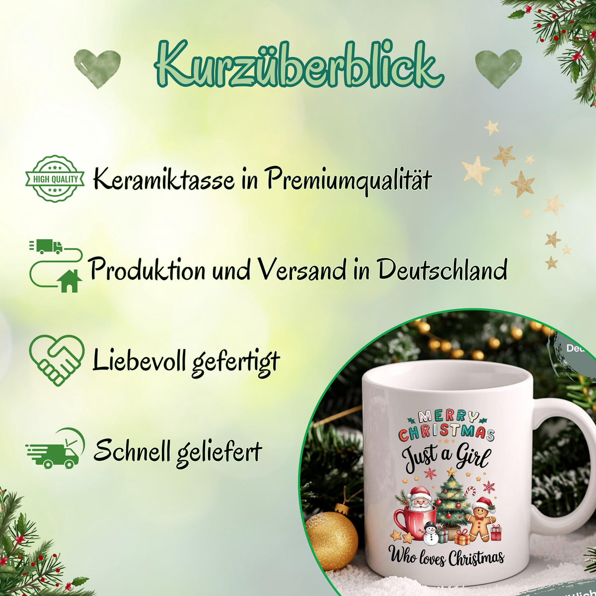 Weihnachtstasse mit Spruch „Just a Girl Who Loves Christmas“ als ideales Geschenk für Frauen, die Weihnachten lieben. Die Keramiktasse zeigt ein buntes Motiv mit Santa Claus, Tannenbaum, Geschenken, Zuckerstange und Lebkuchenmann. Perfekt als Wichtelgeschenk, Weihnachtsgeschenk für Freundin, Schwester oder Kollegin. Tasse Weihnachten Frau, Geschenkidee Weihnachten Frau, weihnachtliche Kaffeetasse für Weihnachtsfans. Spülmaschinenfest & mikrowellengeeignet – ideal für alle Christmas Girls.