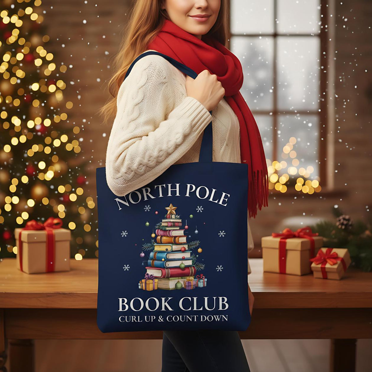 Baumwoll-Stofftasche mit weihnachtlichem Motiv: Ein Bücherbaum mit Stern und Geschenken symbolisiert den „North Pole Book Club“. Perfekt als Jutebeutel Weihnachten für Leseratten, Bücherfreunde, Bibliophile oder Buchclub-Mitglieder. Ideales Geschenk für Buchliebhaber und als nachhaltige Geschenkverpackung mit Buchthema zur Adventszeit. Baumwolltasche für Weihnachten & Buchfans. WeihnachtsStofftasche für Bücherfreunde! Der Jutebeutel ist das perfekte Geschenk für Buchliebhaber zur Adventszeit.