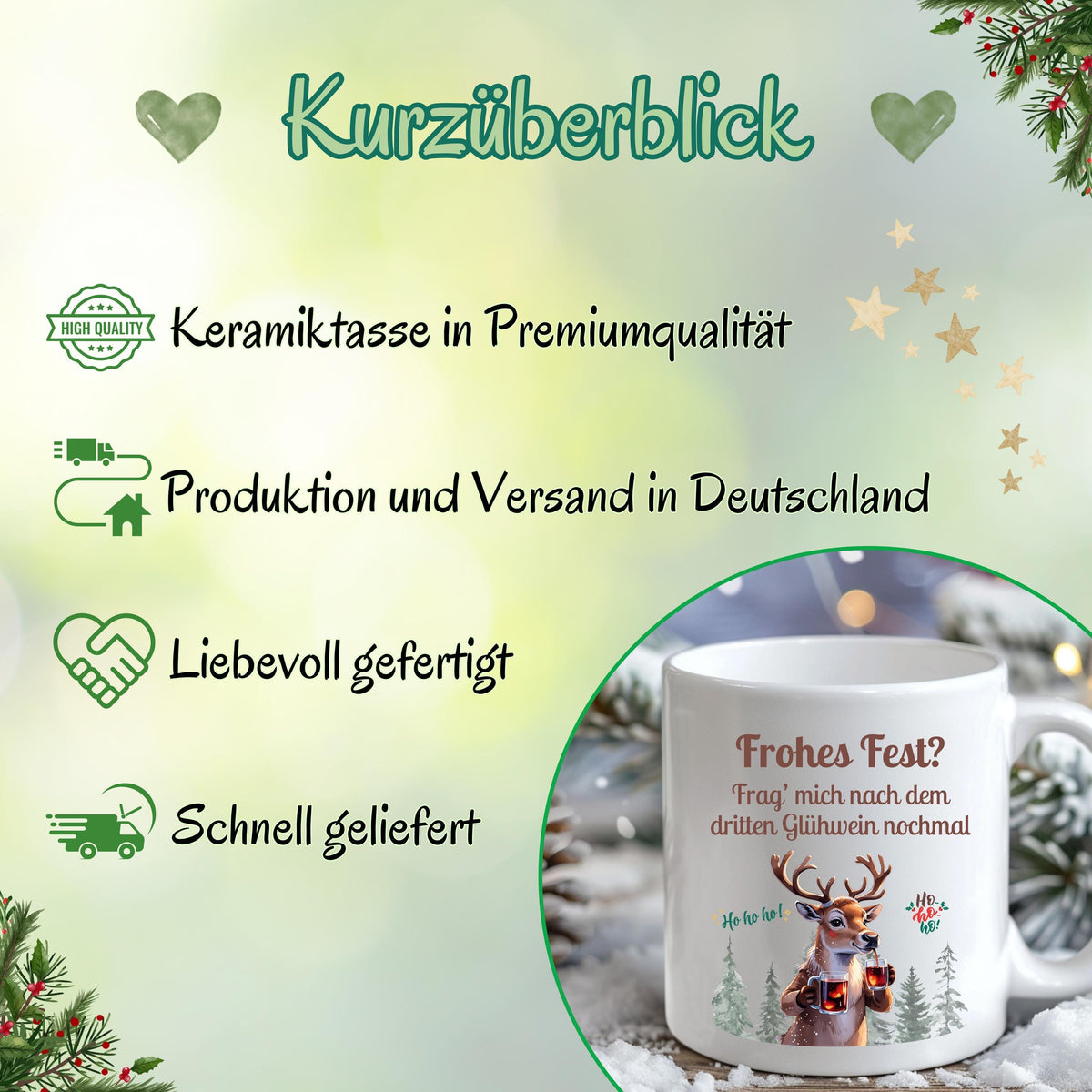 Lustige Glühweintasse mit Rentier und Spruch „Frag mich nach dem dritten Glühwein nochmal“. Weihnachtsbecher mit Humor, Schnee, Wald und zwei Glühweingläsern. Geschenkidee Weihnachten für Kollegin, Freund, Freundin oder Familie. Ideal als Wichtelgeschenk, Nikolausgeschenk oder kleines Geschenk für Glühwein-Fans. Hochwertige Keramiktasse, beidseitig bedruckt. Wintertasse für Männer und Frauen, perfekt für Weihnachtsfeier, Weihnachtsmarkt oder Büro. Geschenk Weihnachten mit Rentier-Motiv