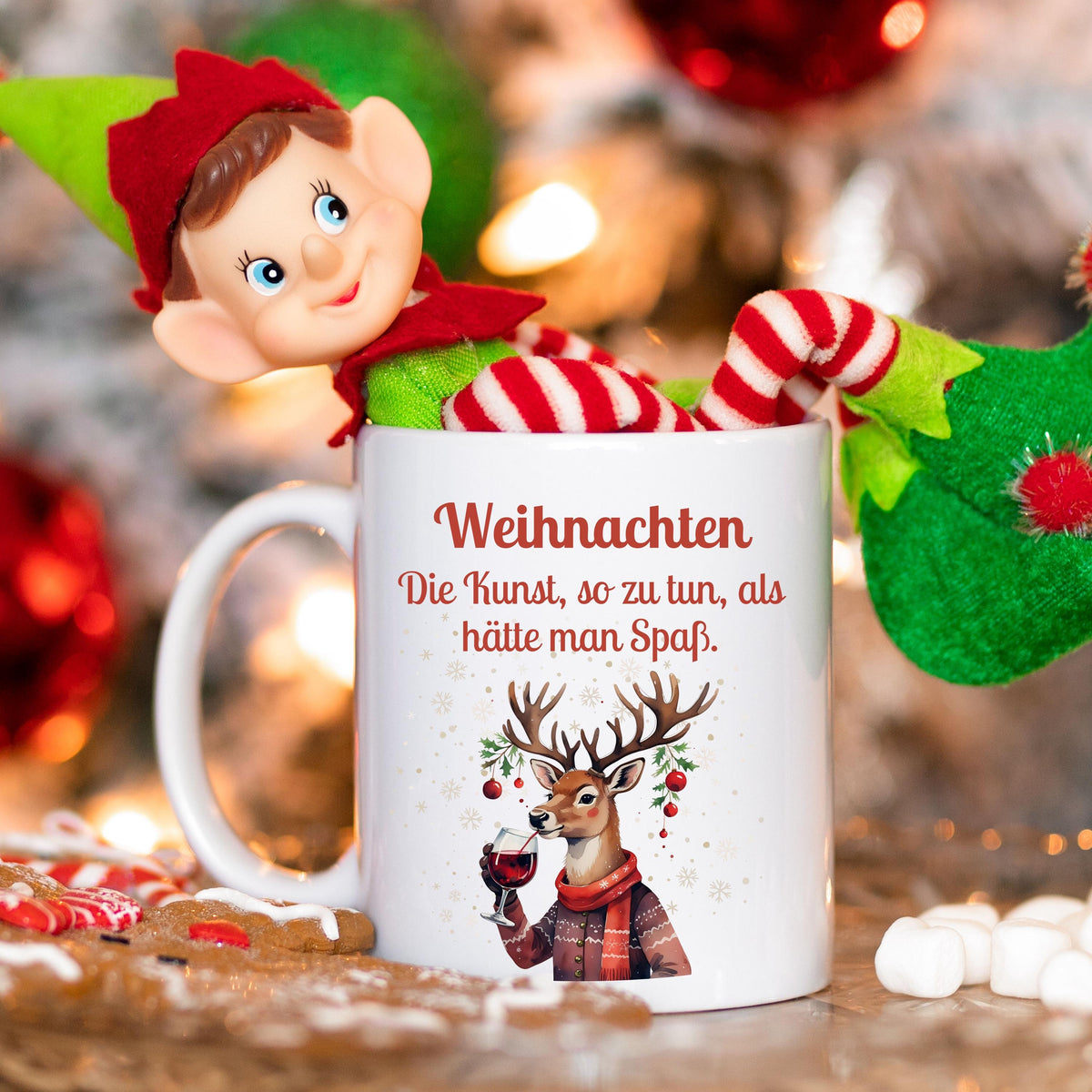 Lustige Anti-Weihnachtstasse mit Spruch | Geschenk Weihnachten Kollegin Freund Familie | Weihnachtsbecher mit Rentier | Wichtelgeschenk