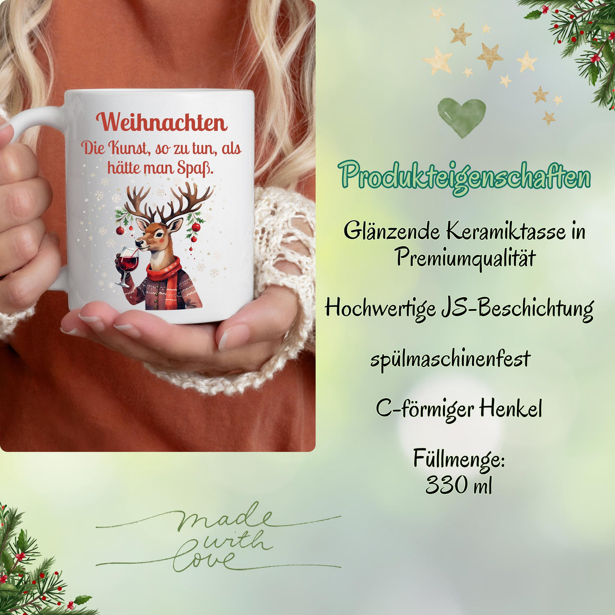 Lustige Anti-Weihnachtstasse mit Spruch | Geschenk Weihnachten Kollegin Freund Familie | Weihnachtsbecher mit Rentier | Wichtelgeschenk