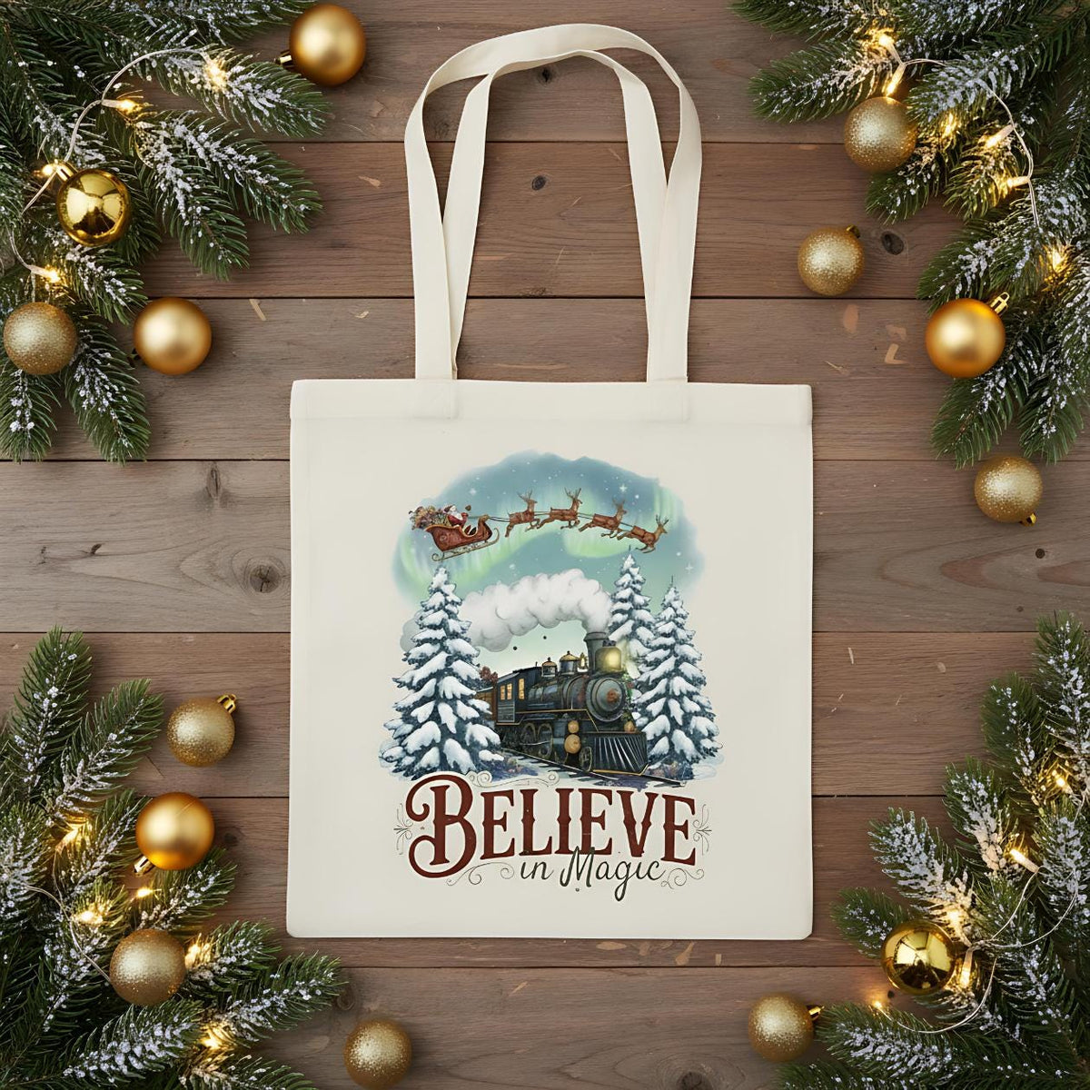 Stofftasche Weihnachten mit „Believe in Magic“-Motiv – ideal als Jutebeutel Weihnachten, Einkaufstasche mit Weihnachtsmotiv, Baumwolltasche festlich bedruckt. Zeigt Weihnachtsmann im Schlitten, Rentiergespann, magischen Winterzug, Tannenbäume und Polarlichter. Perfekt als Weihnachtsgeschenktasche, Tragetasche für Geschenke, Geschenkverpackung oder nachhaltiger Weihnachtsbeutel. Robuste Tragetasche aus Baumwolle, ideal für Bücher, Einkäufe oder als stilvoller Stoffbeutel mit Motiv zur Adventszeit