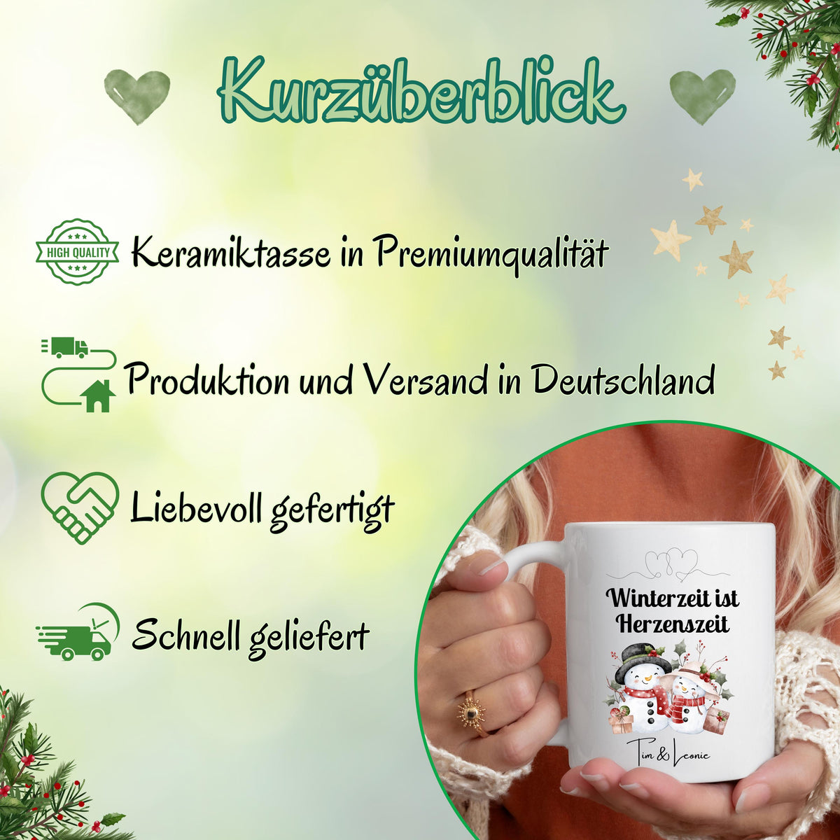 Personalisierte Weihnachtstasse mit Spruch „Winterzeit ist Herzenszeit“ und niedlichem Schneemann-Paar Motiv. Geschenkidee Weihnachten für Paare, Partner, Freundin oder Freund. Wintertasse mit Namen individuell personalisierbar. Keramiktasse Weihnachten für Verliebte oder als romantisches Weihnachtsgeschenk. Lustige Pärchentasse für die Adventszeit, ideal auch als Wichtelgeschenk oder kleine Aufmerksamkeit für den Lieblingsmenschen.