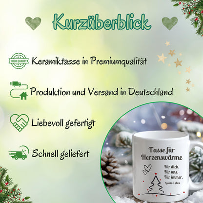 Personalisierte Weihnachtstasse mit Spruch „Tasse für Herzenswärme“ und niedlichem Schneemann-Paar Motiv. Geschenkidee Weihnachten für Paare, Partner, Freundin oder Freund. Wintertasse mit Namen individuell personalisierbar. Keramiktasse Weihnachten für Verliebte oder als romantisches Weihnachtsgeschenk. Lustige Pärchentasse für die Adventszeit, ideal auch als Wichtelgeschenk oder kleine Aufmerksamkeit für den Lieblingsmenschen.