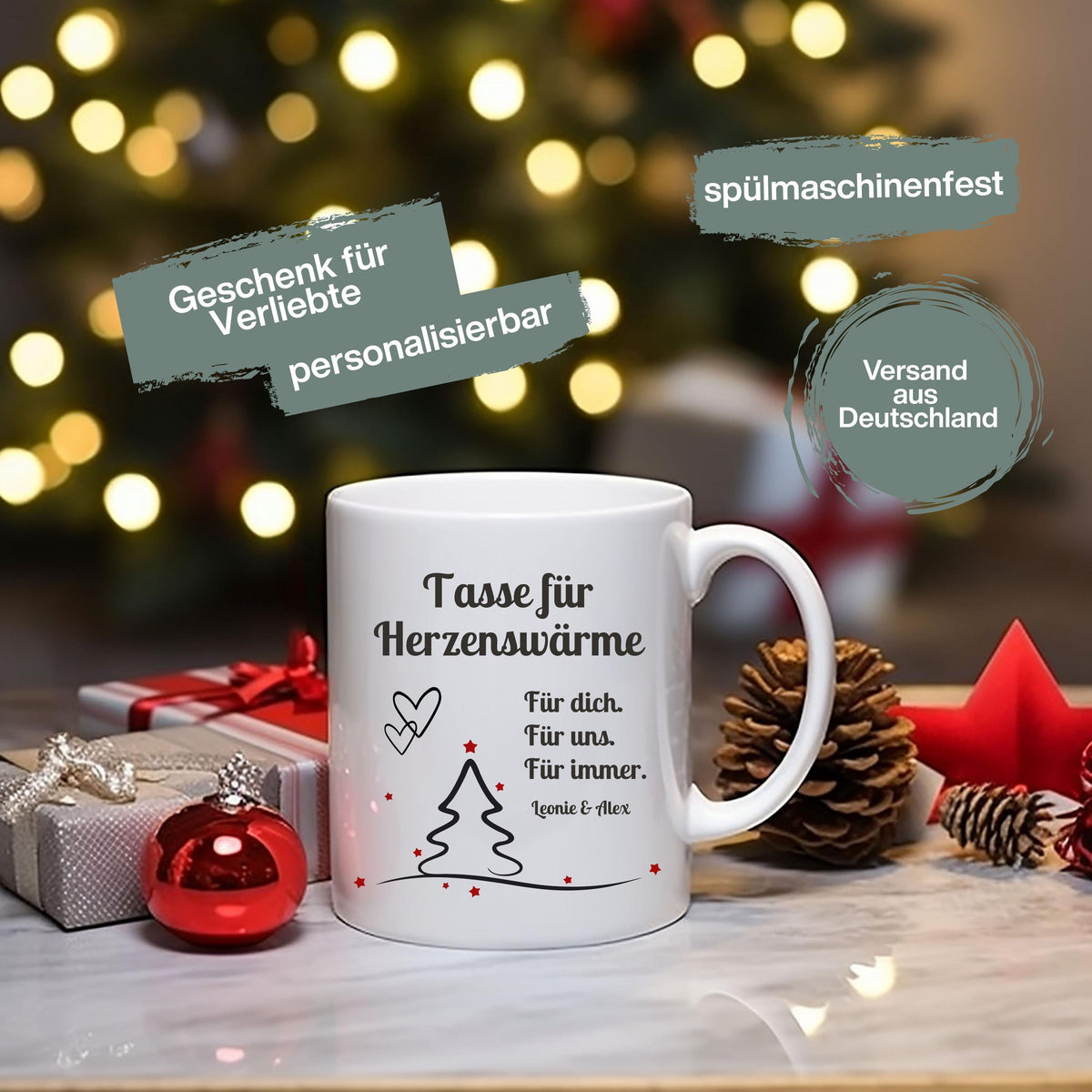 Personalisierte Weihnachtstasse mit Spruch „Tasse für Herzenswärme“ und niedlichem Schneemann-Paar Motiv. Geschenkidee Weihnachten für Paare, Partner, Freundin oder Freund. Wintertasse mit Namen individuell personalisierbar. Keramiktasse Weihnachten für Verliebte oder als romantisches Weihnachtsgeschenk. Lustige Pärchentasse für die Adventszeit, ideal auch als Wichtelgeschenk oder kleine Aufmerksamkeit für den Lieblingsmenschen.