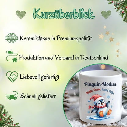 Lustige Weihnachtstasse mit Spruch „Heiße Tasse, kalte Flosse“ und Pinguin-Motiv – witziger Winterbecher als Geschenkidee Weihnachten für Kollegin, Freund, Freundin oder Familie. Ideal als Wichtelgeschenk, kleines Weihnachtsgeschenk oder Kaffeetasse mit Humor für die Adventszeit. Robuste Keramiktasse mit beidseitigem Druck, hochwertig bedruckt in Deutschland. Perfekt für Tee, Kaffee oder Glühwein – Geschenk Weihnachten, Tasse mit Spruch, Wintertasse, Tasse Pinguin, Weihnachtsbecher lustig.