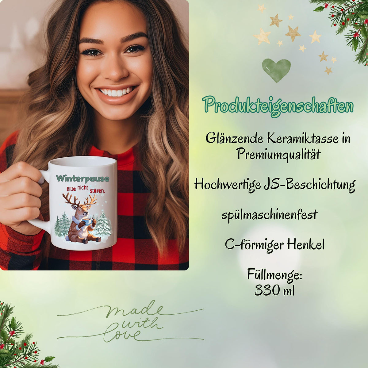Lustige Weihnachtstasse mit Rentier-Motiv und Spruch „Winterpause – Bitte nicht stören“ als originelles Weihnachtsgeschenk für Männer, Frauen, Kollegin, Kollegen, Freund oder Freundin. Wintertasse aus Keramik mit Weihnachtsmotiv – ideal als Geschenkidee Weihnachten, Wichtelgeschenk, Nikolausgeschenk oder kleines Geschenk für die Adventszeit. Perfekt als Glühweintasse, Kaffeetasse oder Teetasse für Büro oder Zuhause. Hochwertiger Druck, beidseitig bedruckt, spülmaschinengeeignet.