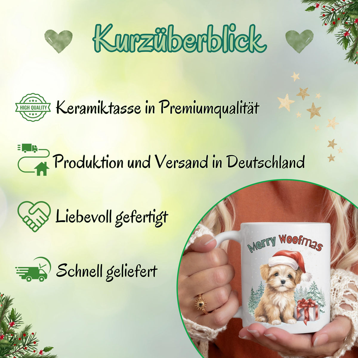 Lustige Weihnachtstasse mit Hund und Spruch „Merry Woofmas“ – perfekte Geschenkidee für Hundefreunde, Hundeeltern oder Tierliebhaber zu Weihnachten. Hochwertiger Keramikbecher mit süßem Hundemotiv und Weihnachtsmütze – ideal als Wintertasse für Kaffee, Tee oder Kakao. Tasse als liebevolles Weihnachtsgeschenk für Kollegin, Freundin, Familie oder als Wichtelgeschenk. Spülmaschinenfest und nachhaltig in Deutschland bedruckt – ideal für Hundebesitzer:innen mit Humor. Tasse Hundliebhaber Hundefans