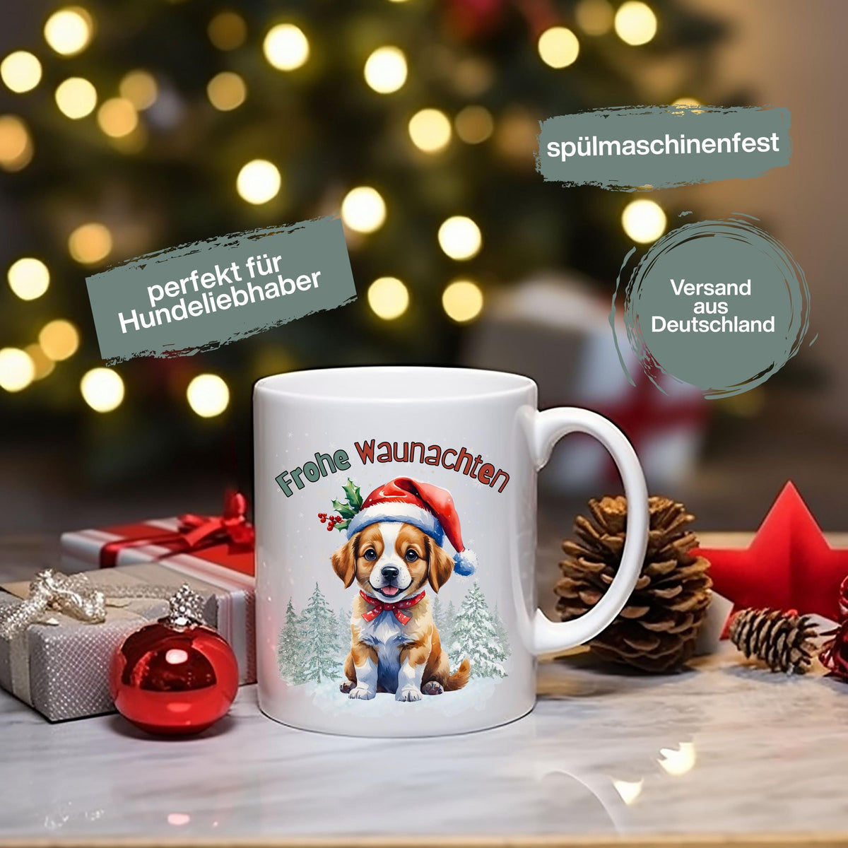Lustige Weihnachtstasse mit Hundemotiv und Spruch „Frohe Waunachten“ – perfekt als Weihnachtsgeschenk für Hundefreunde, Kollegen, Familie oder Freunde. Die Keramiktasse zeigt einen süßen Welpen mit Weihnachtsmütze, Geschenk und Tannenwald – ideal für den Advent, Nikolaus oder als Wichtelgeschenk. Geschenkidee für Hundebesitzer zu Weihnachten. Hochwertiger Druck, langlebig und farbenfroh. Wintertasse für Kaffee, Tee, Kakao oder Glühwein mit liebevollem Hundedesign und festlicher Stimmung.